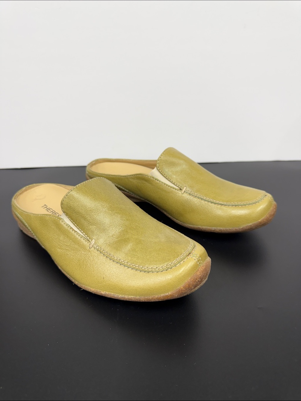 Women's Olive Green Leather Slip-On Mules